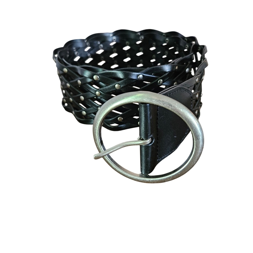 Black Woven Bonded Leather Studded Wide Belt Round Silver Buckle L/XL Boho
